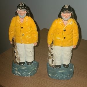 1920's Antique Solid Cast Iron Figurine Sailors Fishermen Statues Bookends - Set